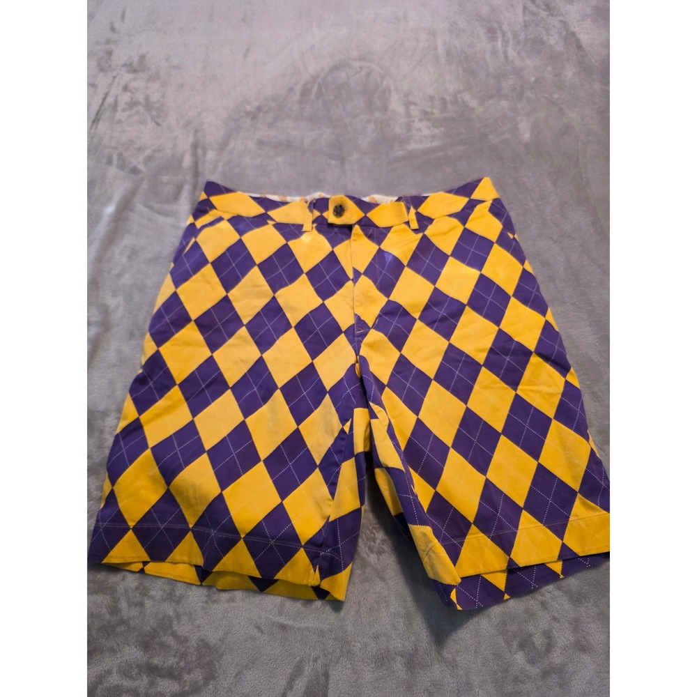 Loudmouth Golf Shorts Mens 42 Purple Yellow Argyle Checkered Pattern Cotton